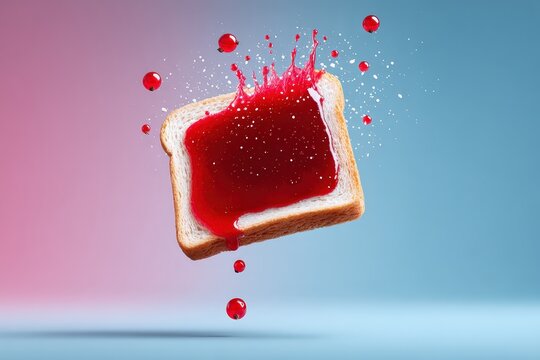 Slice of Bread with Red Jam Splash in Midair with Colorful Background