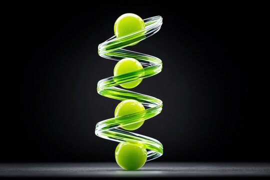 Abstract Modern Green Light Spiral with Spheres on Black Background