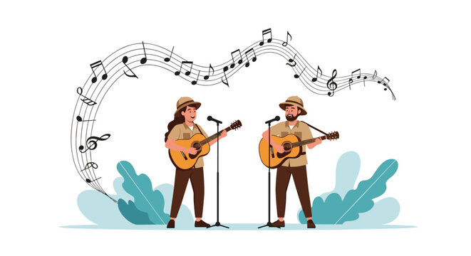 A male and female duo dressed as adventurers or explorers, singing and playing acoustic guitars with musical notes floating around them.