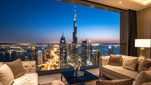 Elegant balcony overlooking Dubai's city skyline at dusk, representing luxury, lifestyle, and breathtaking views. 4k resolution video 30fps.