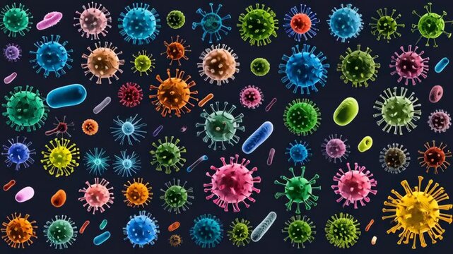 A collage of colorful, diverse microscopic virus and bacteria cells on a dark background