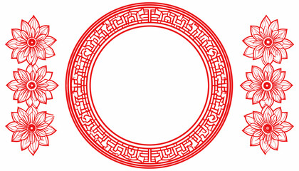 Naklejka premium An ornate red circular frame with floral motifs on a clean background viewed directly