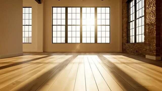 Front view of sunny empty loft interior room with wooden floor motion. 4k resolution video 30fps.