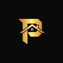 Golden letter P logo with house icon on black background, P letter logo