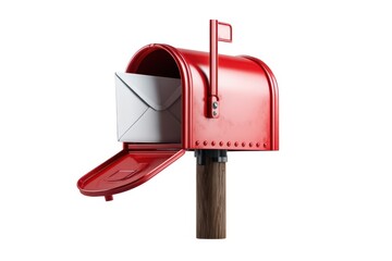 A vibrant red mailbox, featuring an open door and a visible white envelope, is mounted on a wooden post, symbolizing traditional mail delivery and communication.