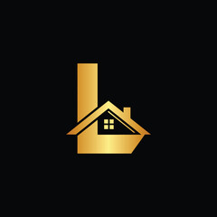 Golden house logo with chimney on black background, L letter logo