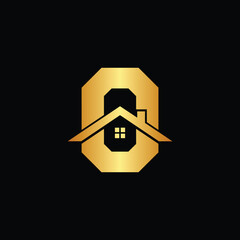 Golden house logo on black background for real estate branding, O letter logo