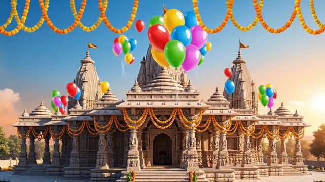 Festive Cartoon Ayodhya Ram Mandir Celebration Balloons Marigold Decor