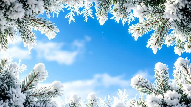 Winter frost covered pine branches and snowflakes against a bright blue sky with clouds