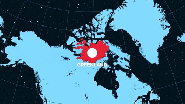 Simplified map graphic shows Greenland highlighted in red with white circle. World map background