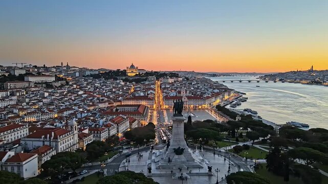 Lisbon, Portugal. Panoramic view of the Alfama Square at sunset, Lisbon aerial skyline panorama European city view on Marques Pombal Square monument. 4k resolution video 30fps.