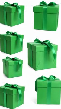Collection of green gift boxes tied with satin ribbons on a white background