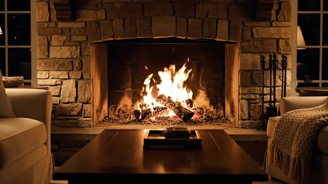 living room with fireplace, wallpaper for your desktop, relaxing meditation video background for your yt channel. 4k resolution video 30fps.
