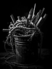 Dark Still Life of Wooden Sticks and Rope in Metal Bucket