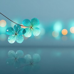 Delicate Blue Four Leaf Clover with Water Droplets on Light Blue Background