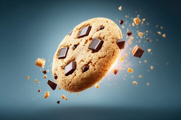 Chocolate Chip Cookie Falling in Midair with Crumbs and Chocolate Pieces on Blue Background