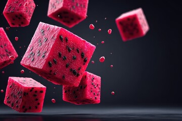 Pink Dragon Fruit Cubes with Black Seeds Falling in Dark Background