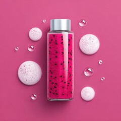 Vibrant Pink Water Bottle Filled with Dragon Fruit Slices Surrounded by Soap Bubbles on Pink Background