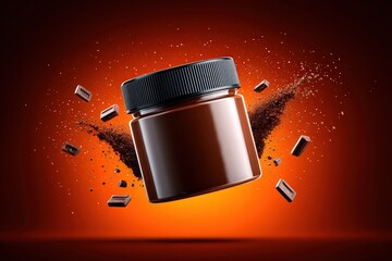 Chocolate Supplement Jar Floating with Powder and Pills in Dynamic Explosion Scene