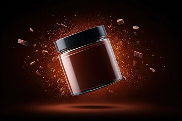 Brown Cosmetic Jar Floating in Explosion of Particles with Dark Background