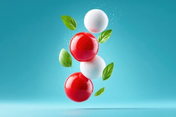 Red and White Fruits with Green Leaves Floating in Air on Blue Background