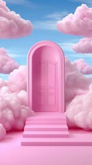 Pink Door Surrounded by Fluffy Clouds in Bright Blue Sky Fantasy Scene