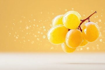 Fresh Yellow Grapes with Water Droplets on a Bright Background