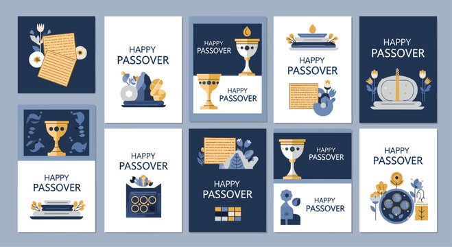 A grid of ten distinct HAPPY PASSOVER greeting card designs showcases matzah, Seder plates, wine cups, and other traditional Jewish holiday elements in blue, yellow, and white color schemes.