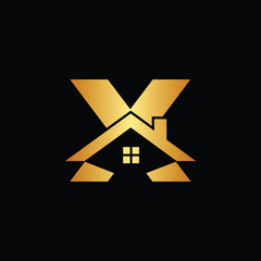 Golden logo design with abstract letter X and house elements on black background, XA letter logo, X letter logo