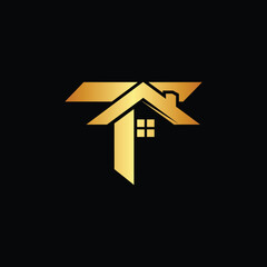 Golden hammer and house logo for real estate or construction business, T letter logo
