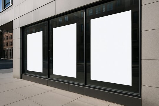 Three large blank posters on storefront windows for advertising mock up and branding display on empty city street background. Ai generative