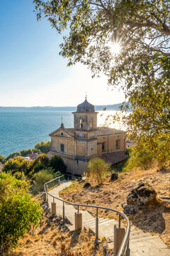 Steps leading towards Church of Virgin Mary on castle hill of Trevignano Romano and Lake Bracciano in Trevignano Romano, Italy