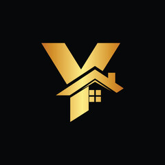 Golden house logo with stylized lettering on black background, Y letter logo