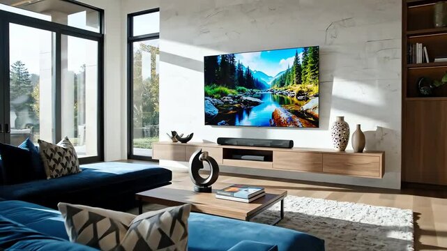 Modern living room with a large flat screen TV mounted on the wall facing a large sectional sofa. 4k resolution video 30fps.