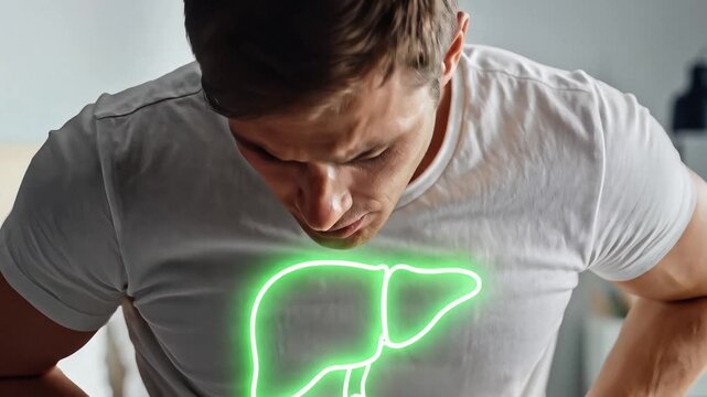 A serious man experiencing liver pain is visualized by a bright neon green organ overlay in a dark conceptual indoor shot.