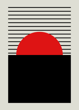 Abstract red circle and black geometric shapes with horizontal lines