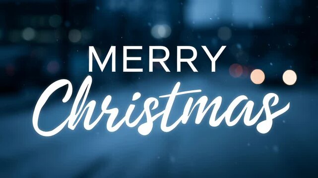 Merry Christmas text animation with twinkling bokeh lights on blue background. Festive holiday greeting reveal sequence for winter celebrations and seasonal cards