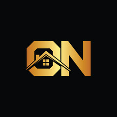 Golden ON logo with house icon on black background, ON letter logo