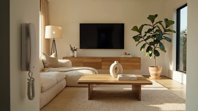Modern living room with smart home security intercom camera, cozy and minimalist interior concept. 4k resolution video 30fps.