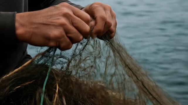 Fishermans Hands Repairing Fishing Net by the Sea.