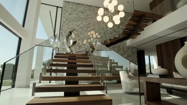 Modern villa entrance hall with sleek staircase and stylish interior design. 4k resolution video 30fps.