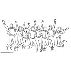 Single line drawing of diverse people jumping and cheering, abstract human figures, smooth flowing line, modern minimalist line art, isolated white background