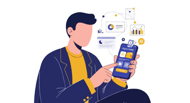 Flat vector illustration of a person topping up digital wallet via smartphone
