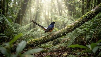 Magnificent White-Rumped Shama Bird Perched on Mossy Branch in Lush Tropical Forest Sunlight