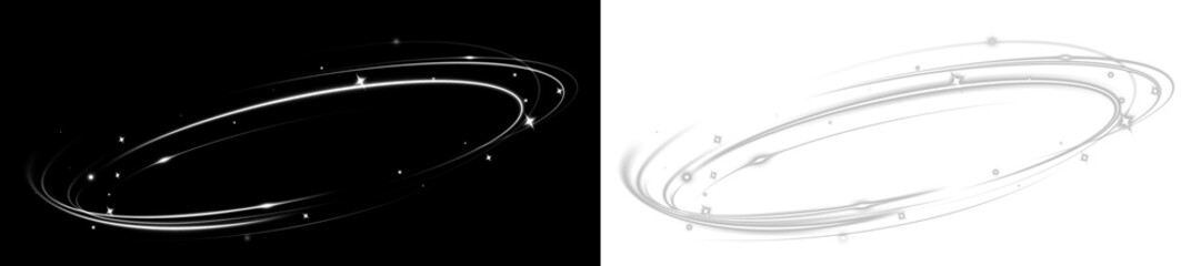 White neon ring glow effect - abstract light speed lines, glowing round frame and futuristic motion...