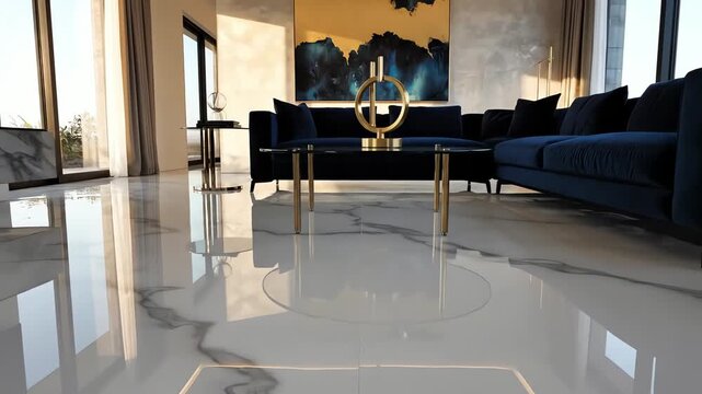 Spacious luxury living room featuring a marble like epoxy resin floor, adding elegance and shine. The glossy surface complements the sophisticated decor, creating a refined, modern ambiance.