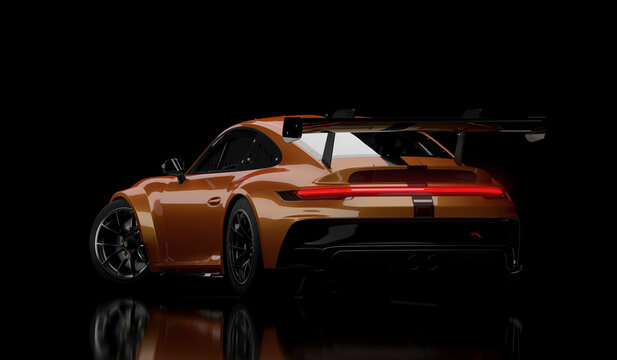 3D rendering of the fast Porsche 911 GT3 supercar. Isolated on the darck background