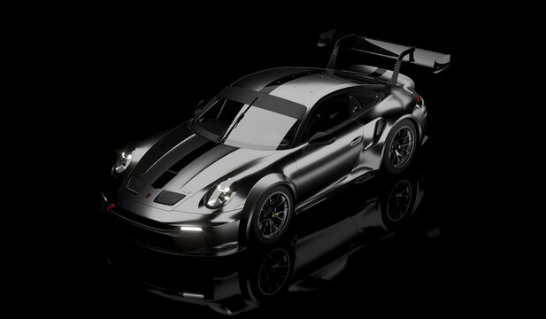 3D rendering of the fast Porsche 911 GT3 supercar. Isolated on the darck background