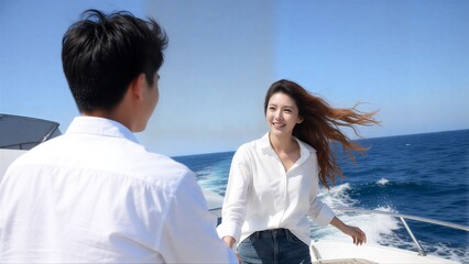 Romantic time on blue sky yacht