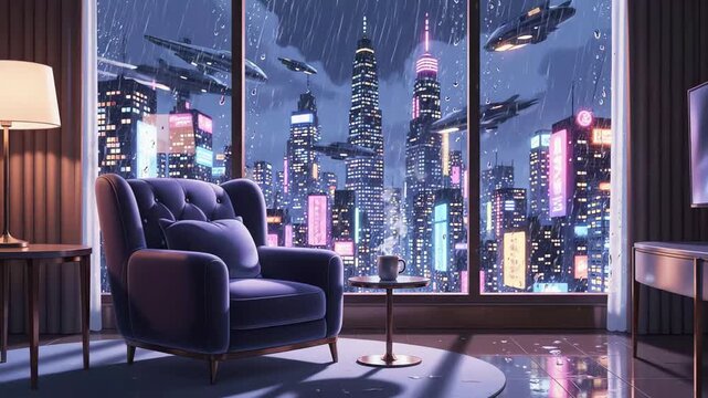 stream overlay, background animation loop. interior of luxury hotel with chair, spectacular metropolis view. live wallpaper vtuber streamer gaming asset zoom screen, anime chill lo fi hip hop video.